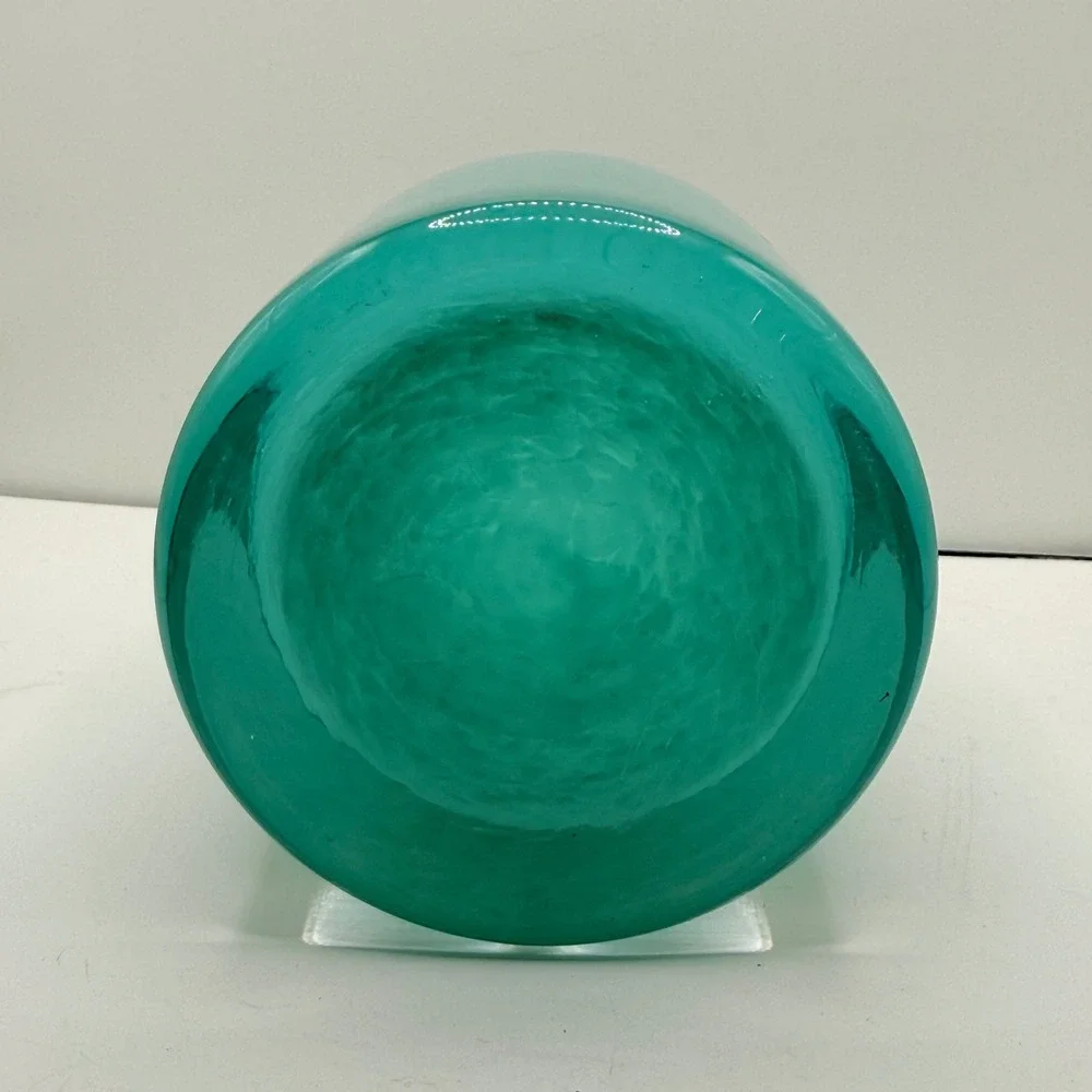 Hand-Blown Glass Vase‎ Home Decor Medium Turquoise Swirl Silver Rim Modern